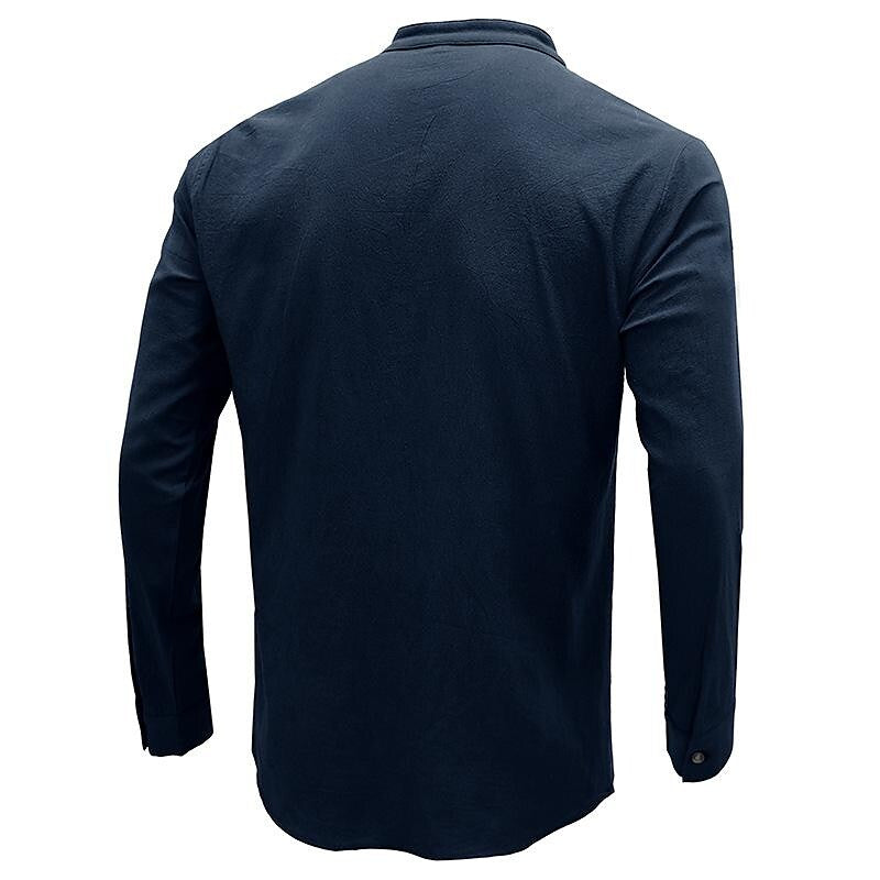 Men's Henley Collar Cotton Linen Long Sleeve Shirt