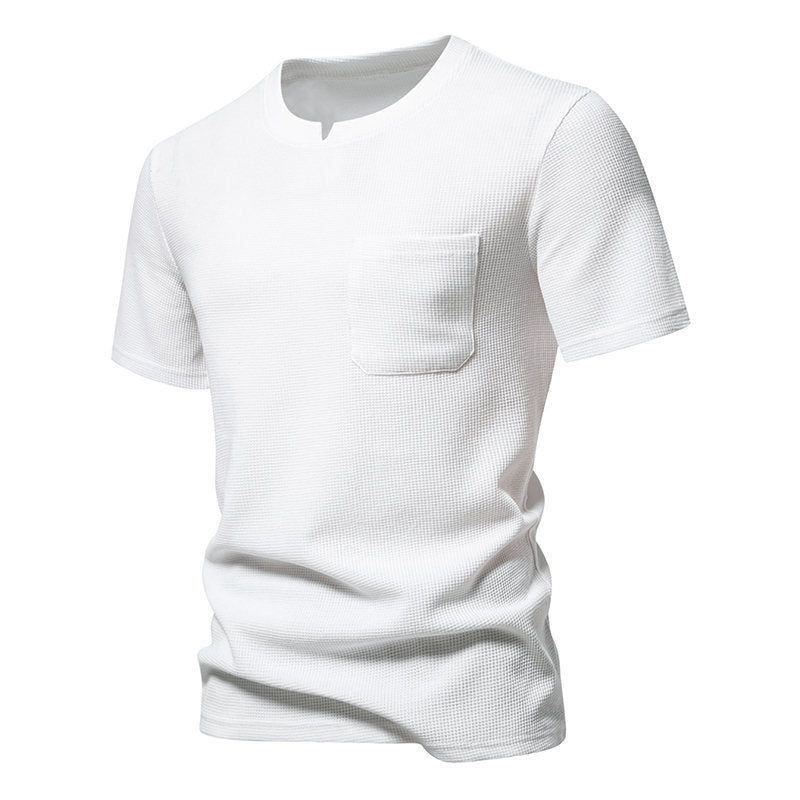 Men's Solid Color V-Neck Short Sleeve T-Shirt with Pocket