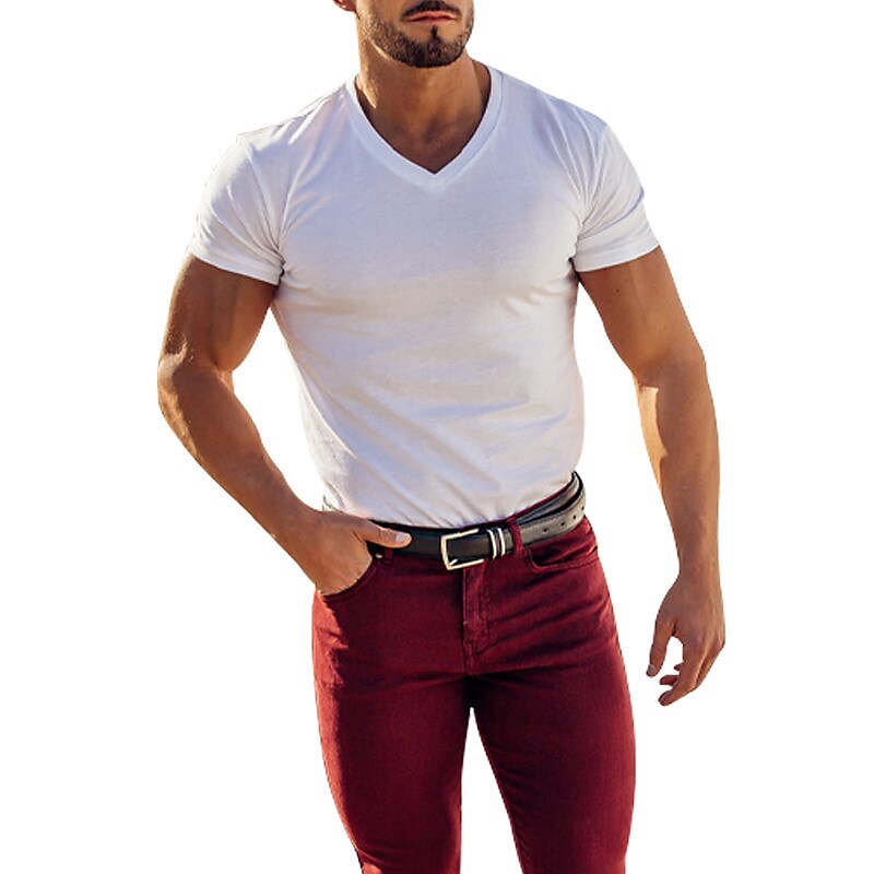 Men's  Solid Color V Neck Street Casual T-shirt