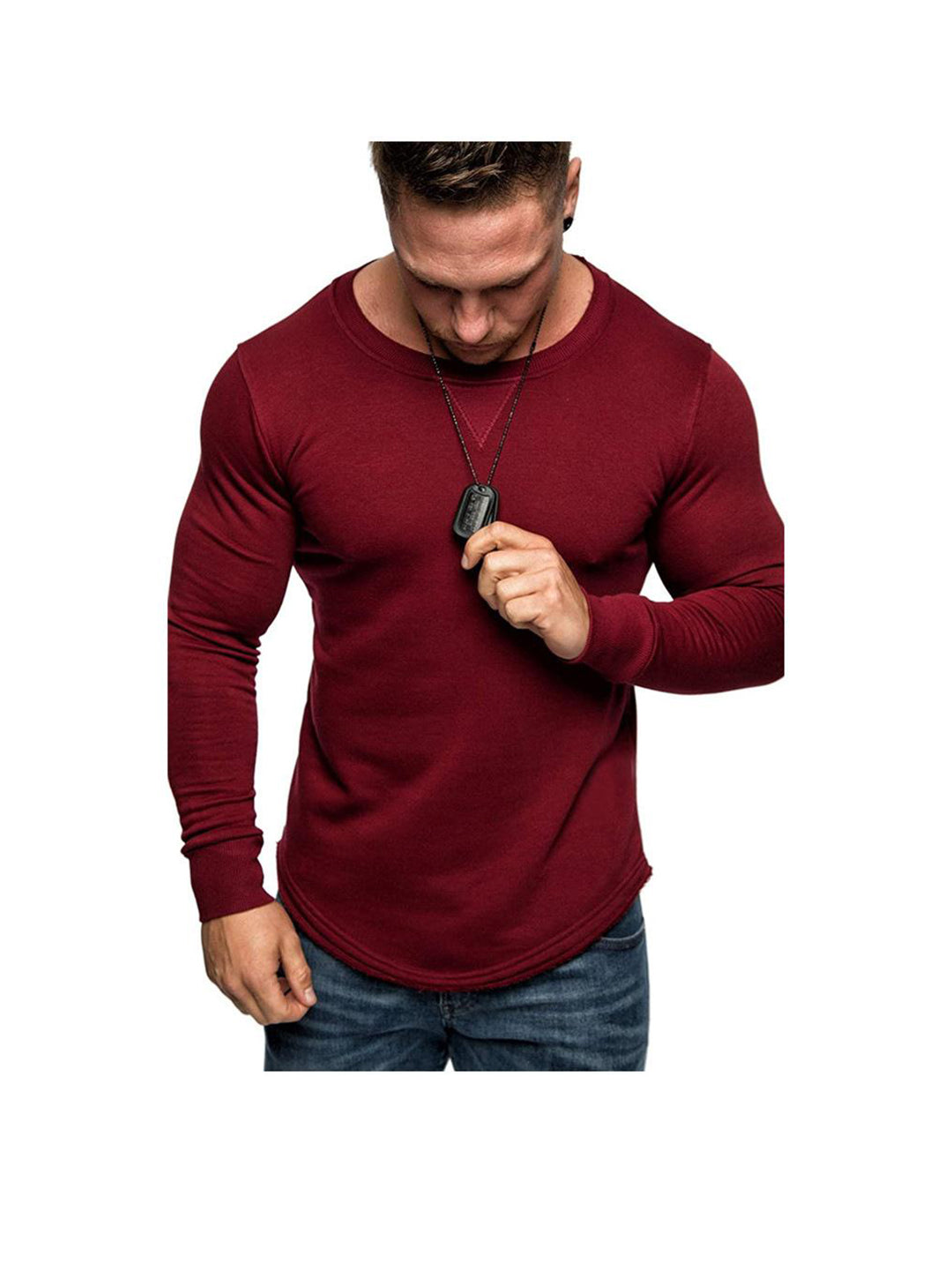 Men's Solid Color Crew Neck Patchwork Long Sleeve T-Shirt
