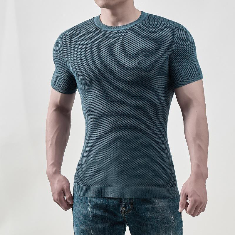 Men's Two-tone Textured Crew Neck Rib Knit Short Sleeve T-Shirt
