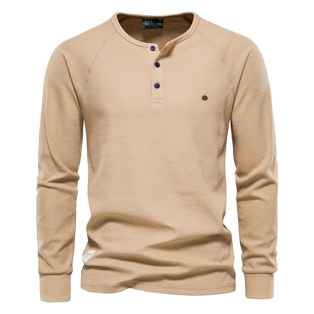 Men's Solid Waffle Raglan Sleeve Henley Collar T-Shirt