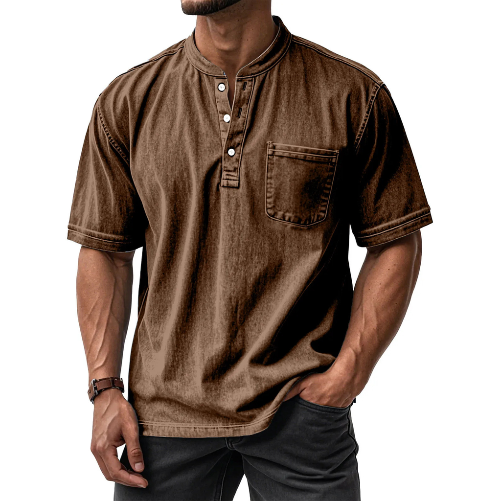 Men's Washed Cotton Short Sleeve Henley T-Shirt