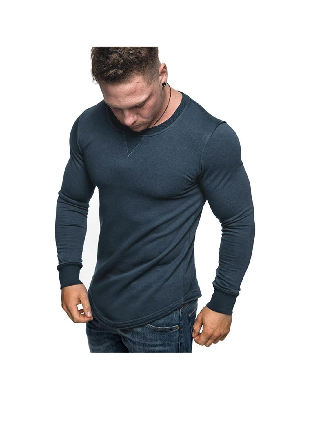 Men's Solid Color Crew Neck Patchwork Long Sleeve T-Shirt