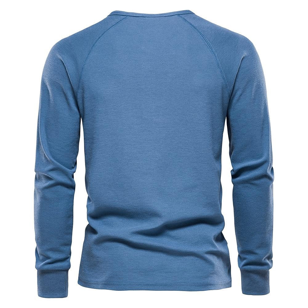 Men's Solid Waffle Raglan Sleeve Henley Collar T-Shirt