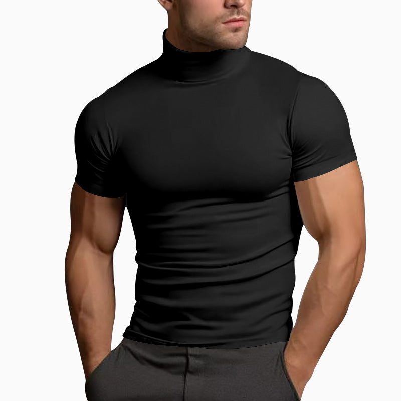 Men's Solid Color Slim Fit Half Turtleneck Short Sleeve T-Shirt