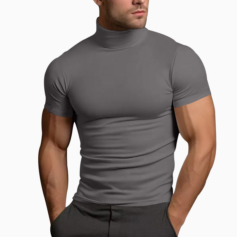 Men's Solid Color Slim Fit Half Turtleneck Short Sleeve T-Shirt