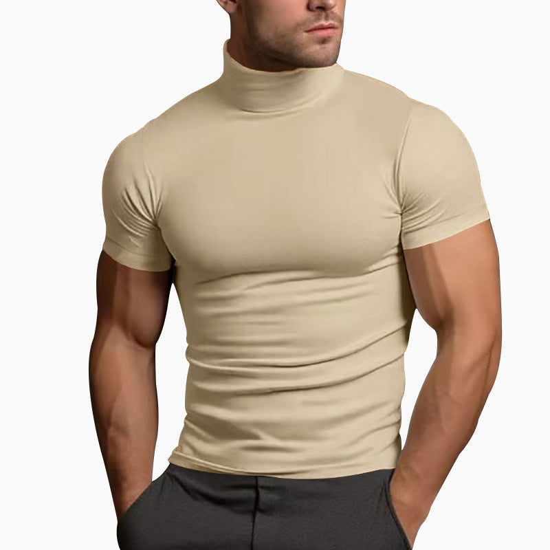 Men's Solid Color Slim Fit Half Turtleneck Short Sleeve T-Shirt