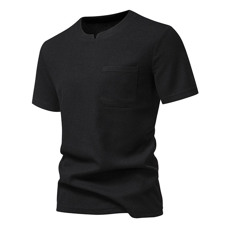 Men's Solid Color V-Neck Short Sleeve T-Shirt with Pocket