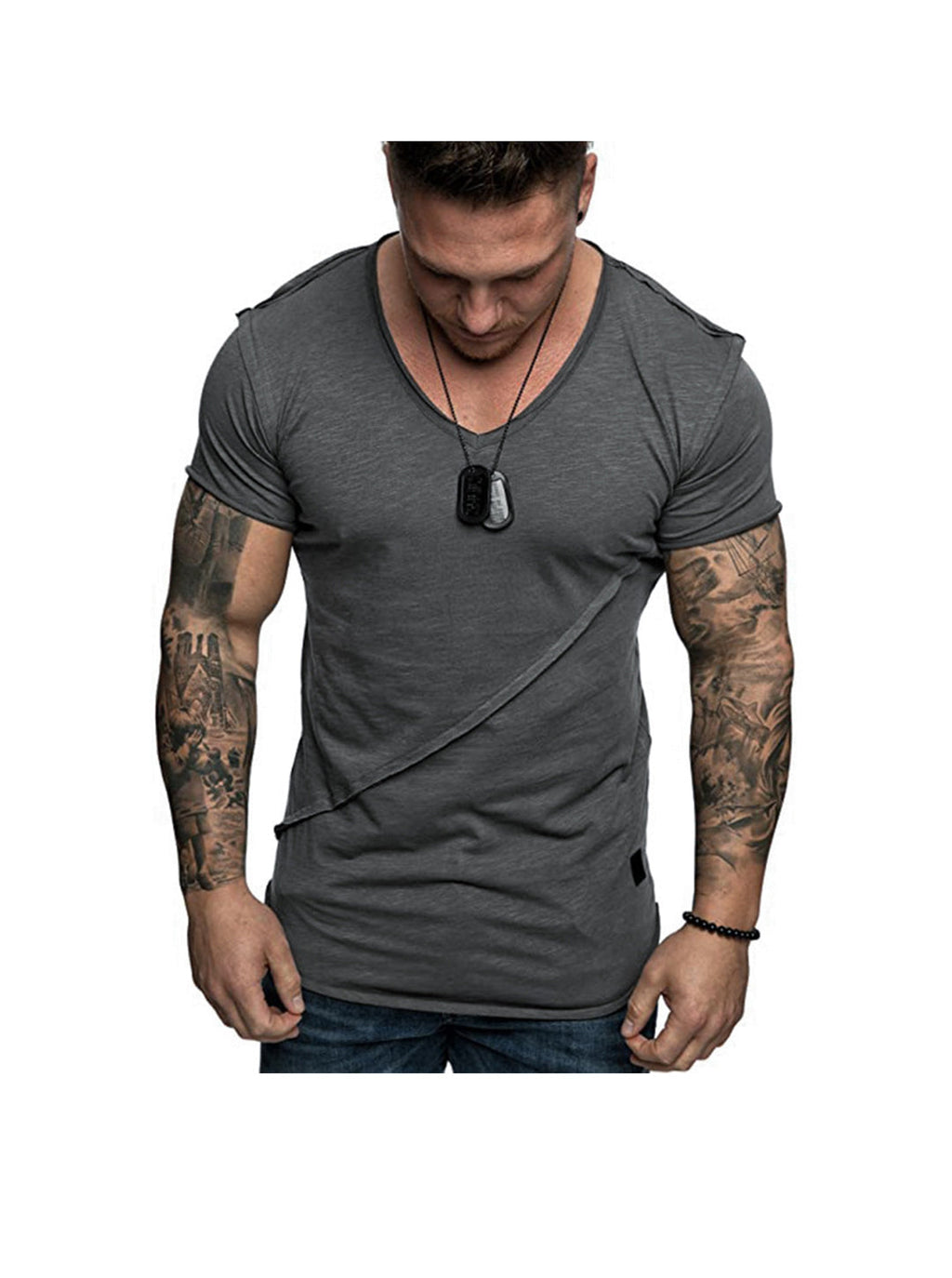 Dennis Diagonal Patchwork Solid Color V-neck T-shirt