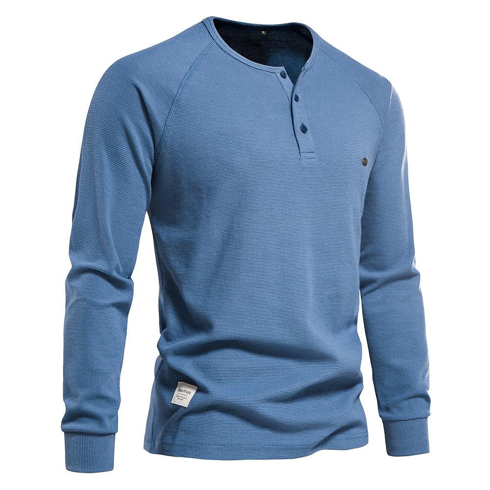 Men's Solid Waffle Raglan Sleeve Henley Collar T-Shirt