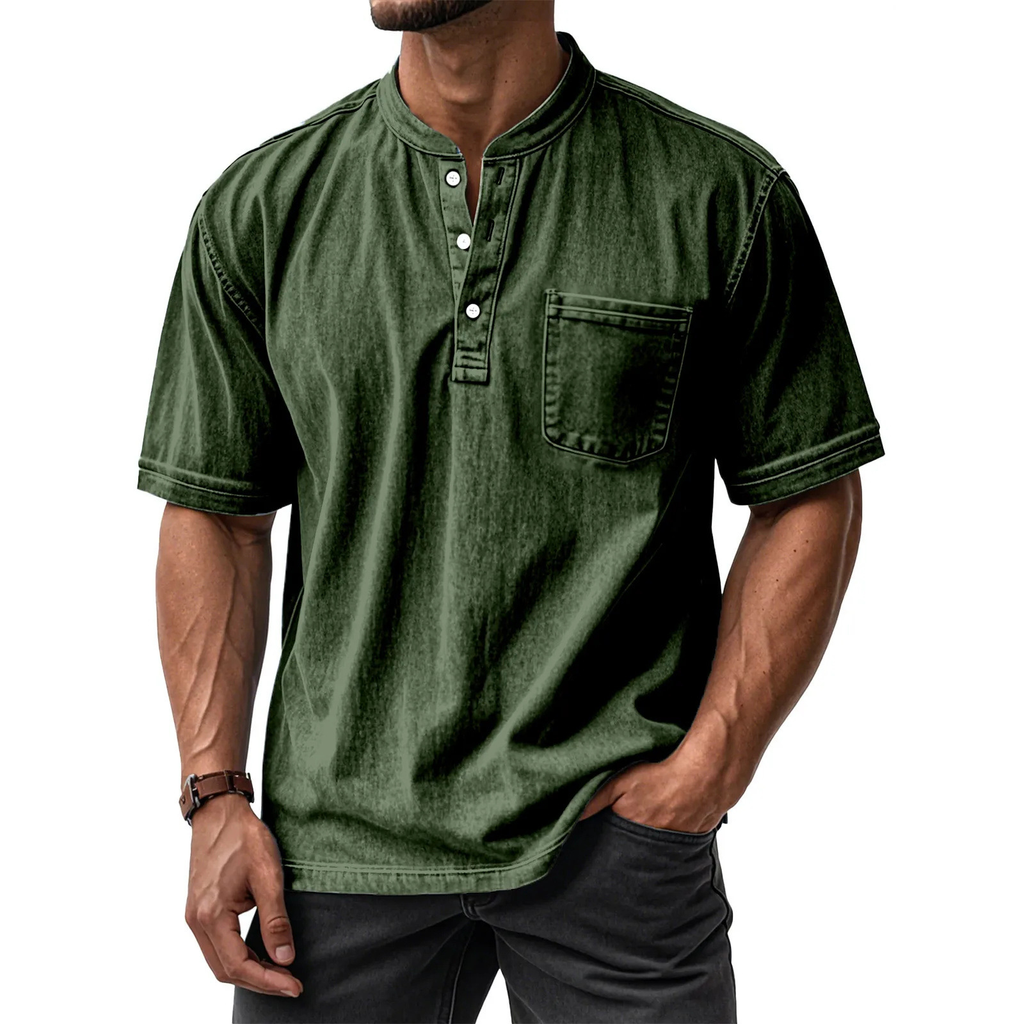 Men's Washed Cotton Short Sleeve Henley T-Shirt