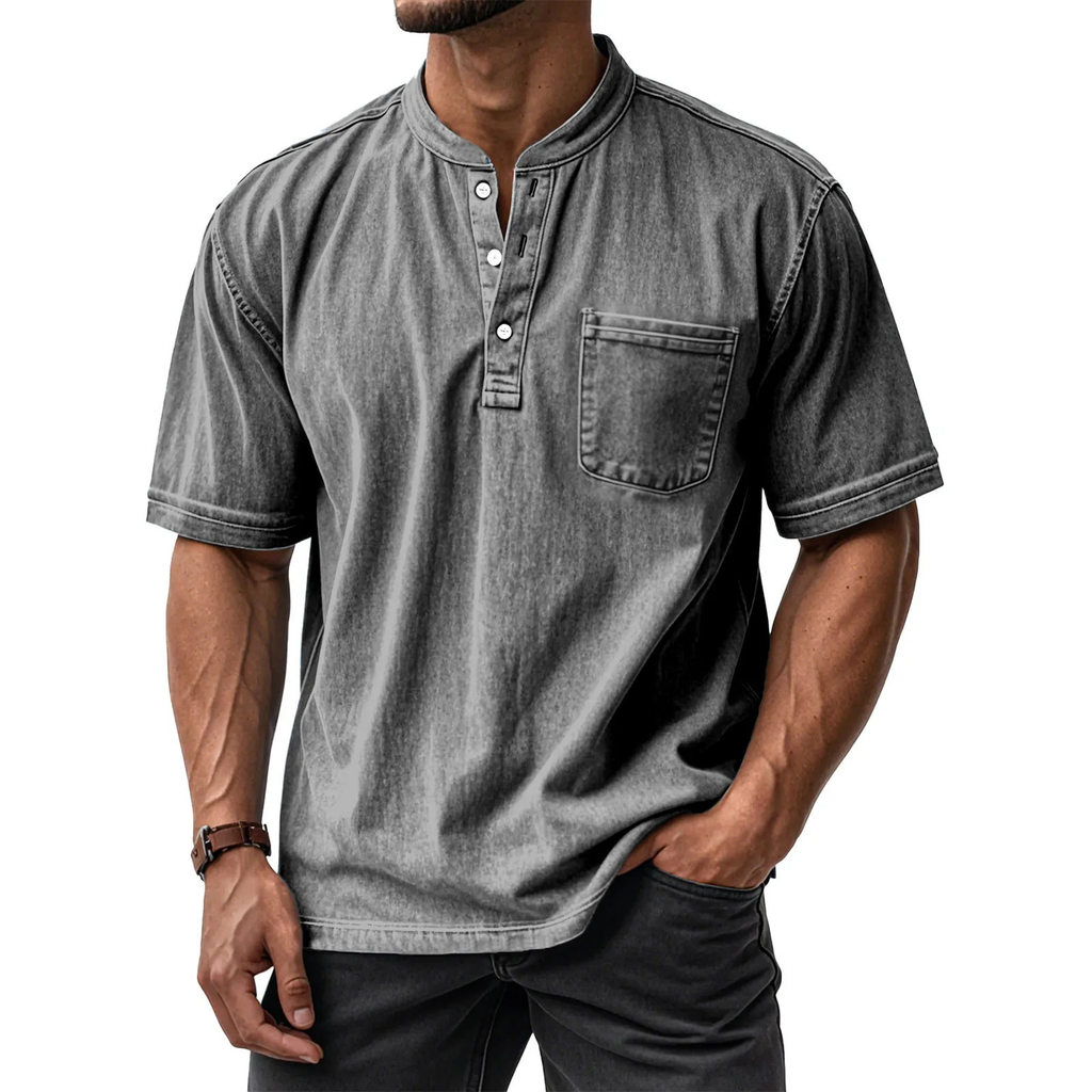 Men's Washed Cotton Short Sleeve Henley T-Shirt
