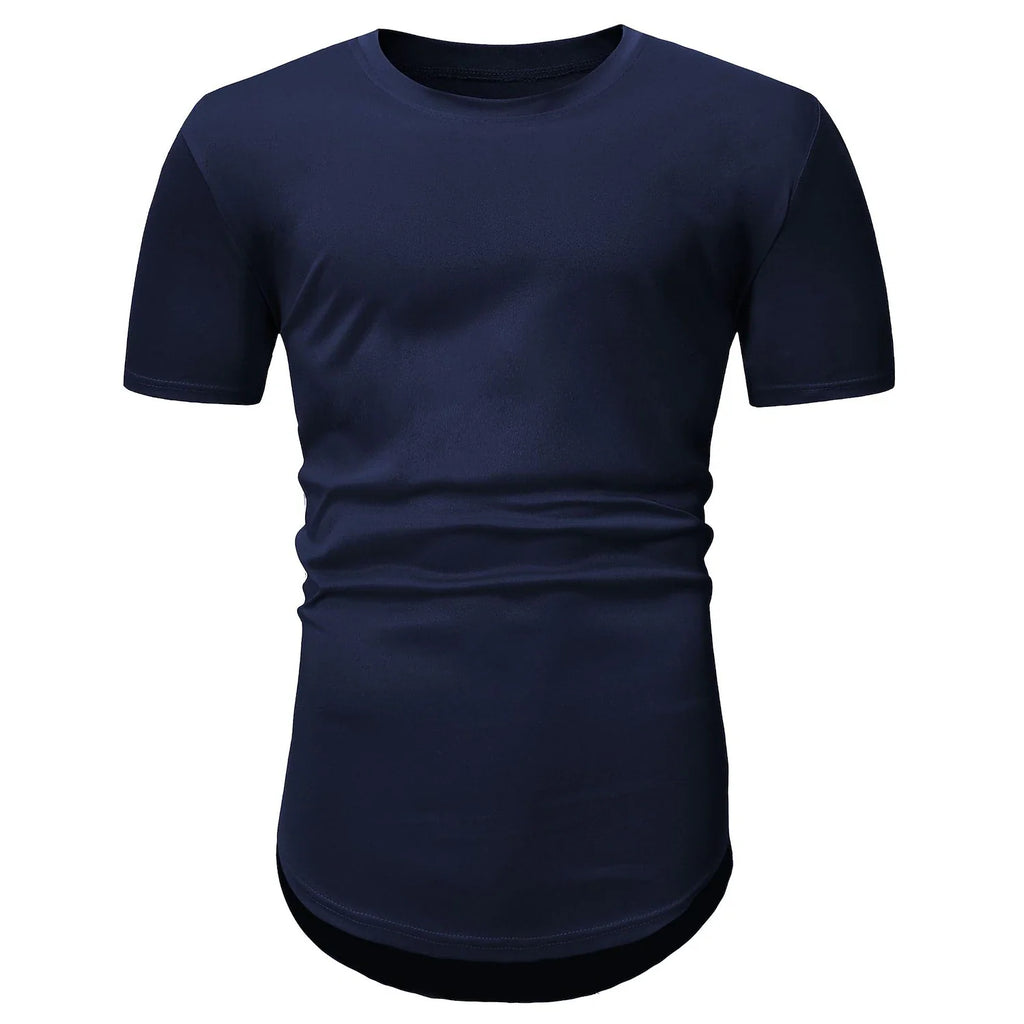 Men's Solid Color Short-sleeved Lengthened Arc Hem T-shirt
