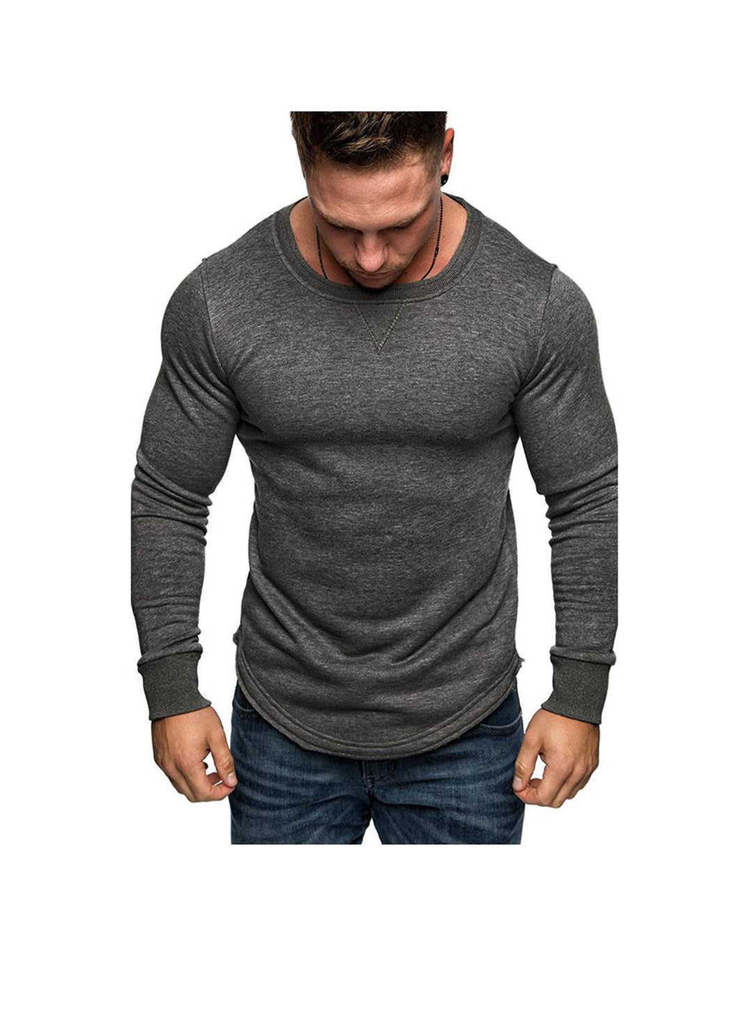 Men's Solid Color Crew Neck Patchwork Long Sleeve T-Shirt