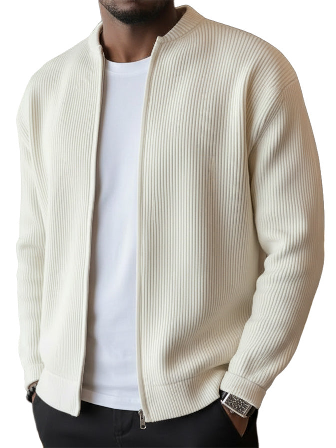 Men's Simple Casual Ribbed Stand Collar Zipper  Long Sleeved Jacket