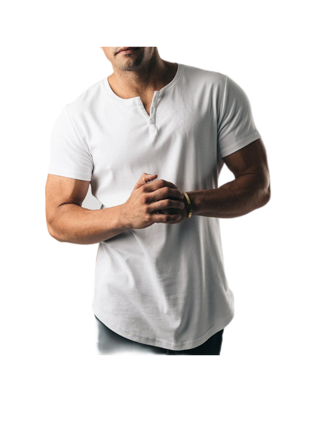 Rolland Solid Color Henley Back Waist Design Short Sleeve T-shirt