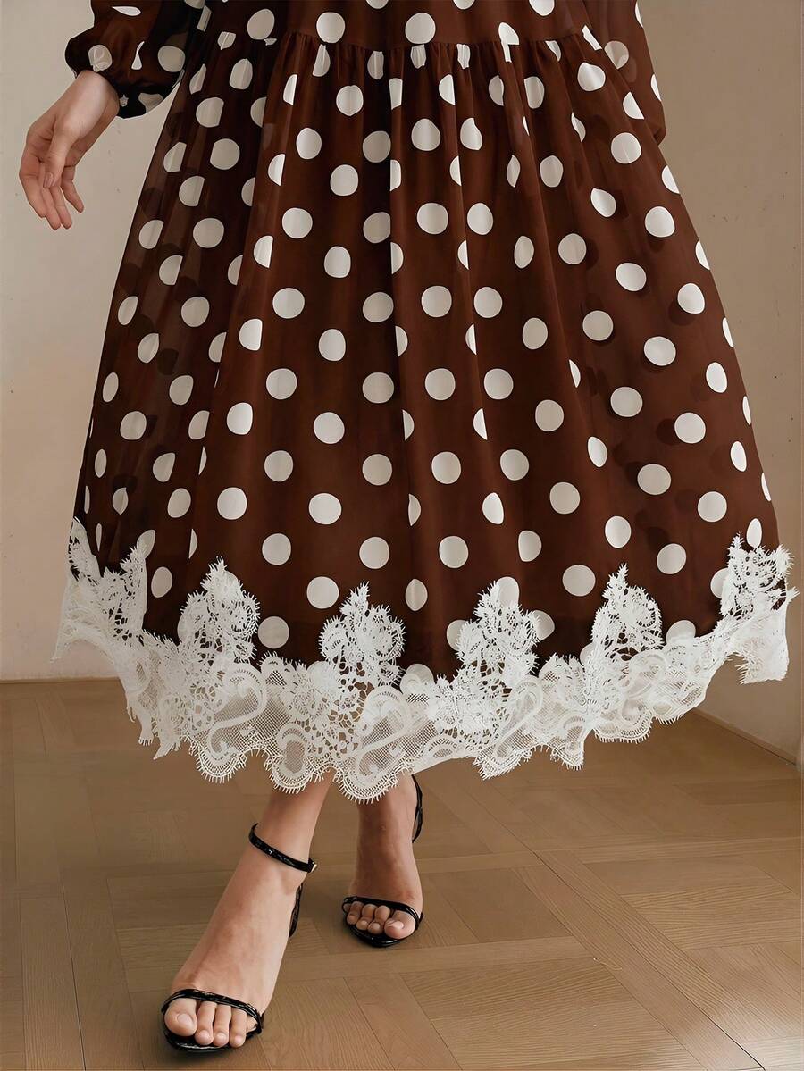 Women's Polka Dot Chiffon Lace Splice Tie Waist Elegant Dress