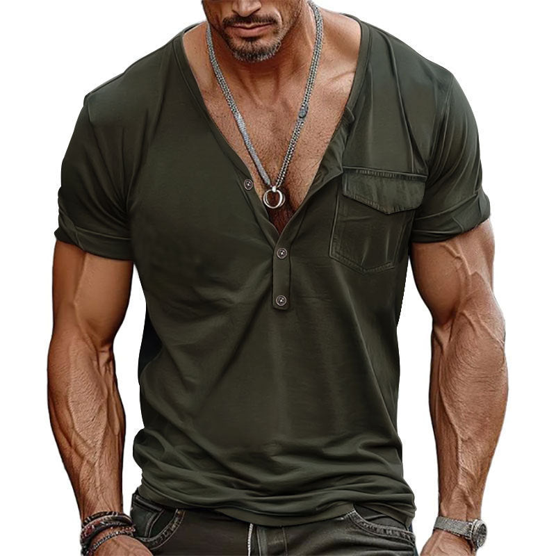 Men's Solid Color Short Sleeve Henley T-Shirt