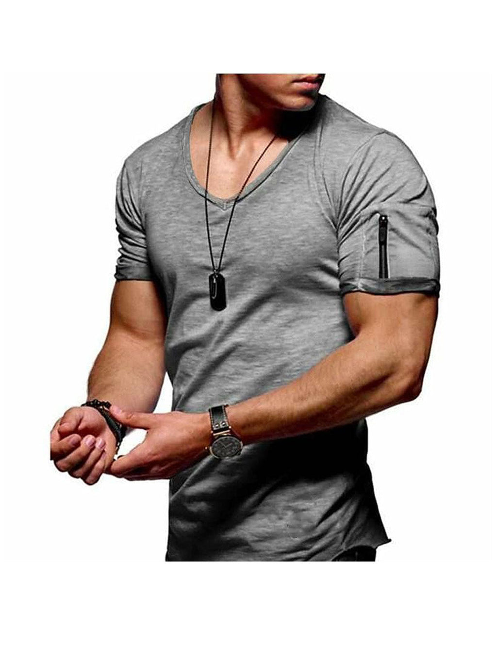 Men's Solid Color V- neck Short Sleeve T-shirt WIth Zippered Sleeve Arms