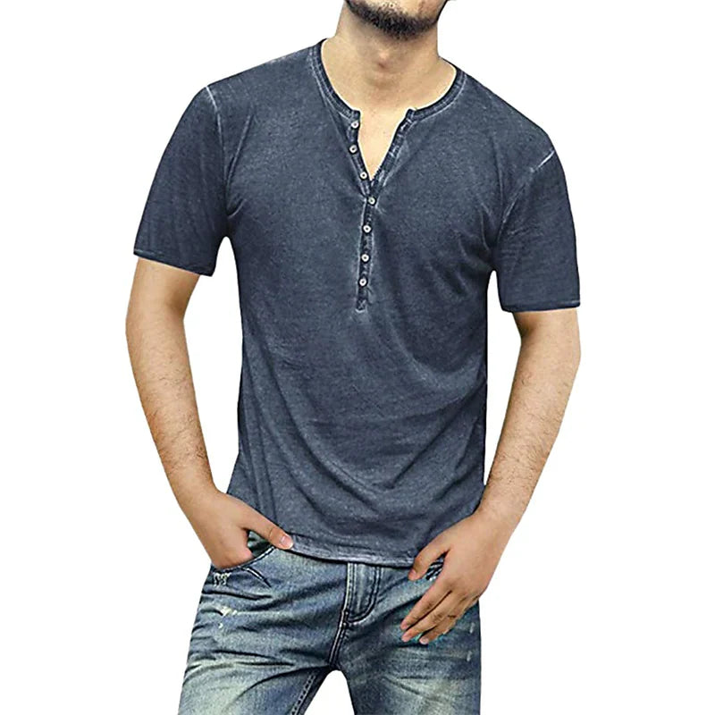 Men's Solid Color Henley Casual Short Sleeve T-shirt