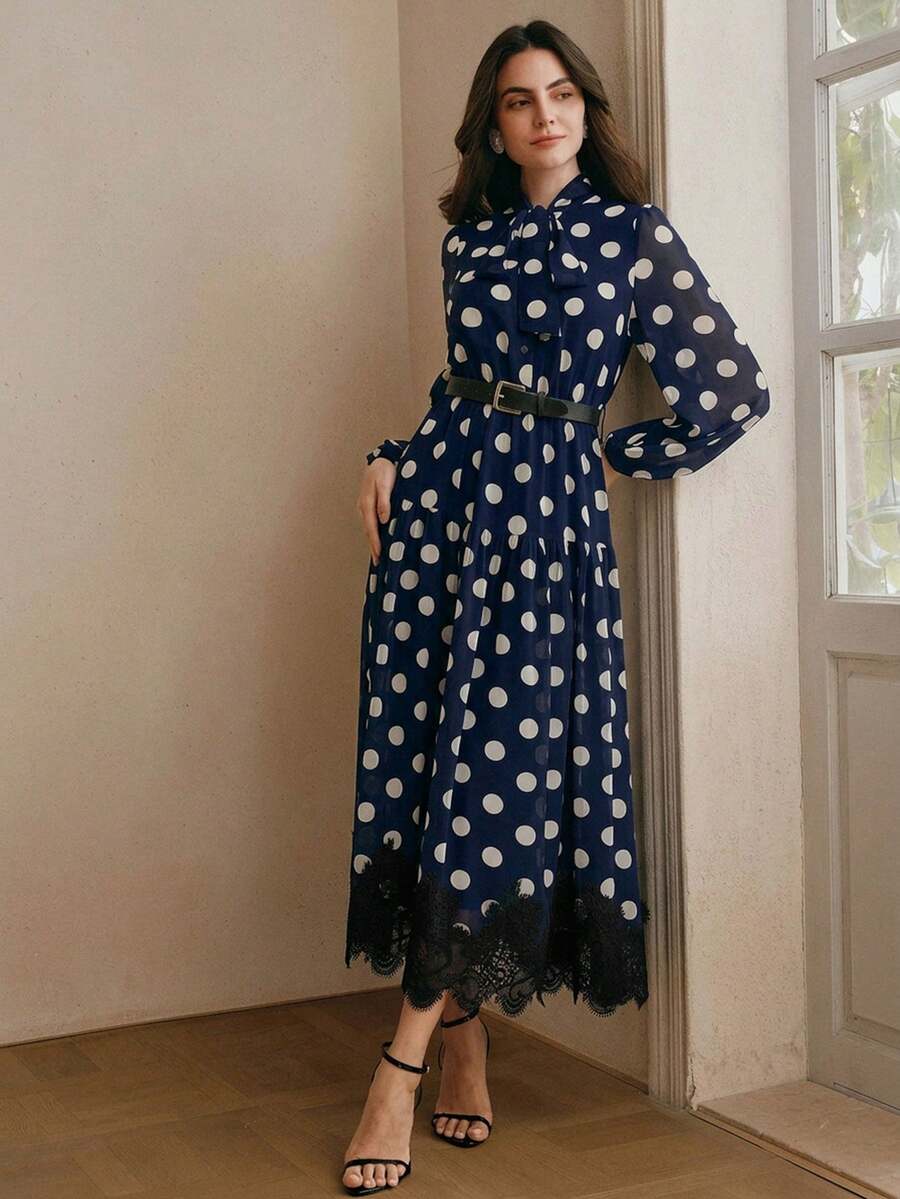 Women's Polka Dot Chiffon Lace Splice Tie Waist Elegant Dress