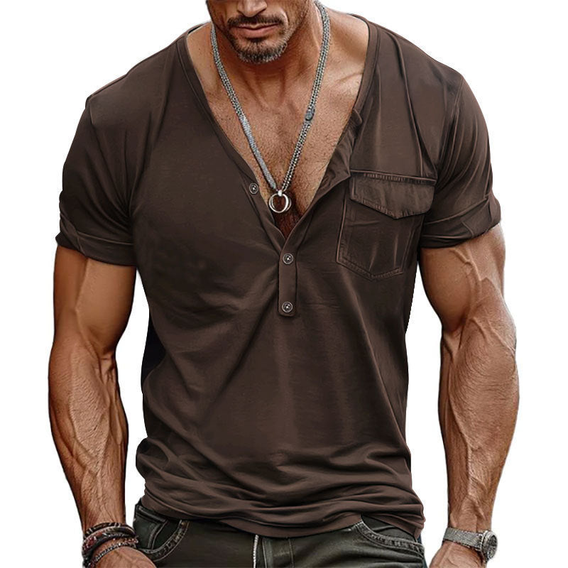 Men's Solid Color Short Sleeve Henley T-Shirt