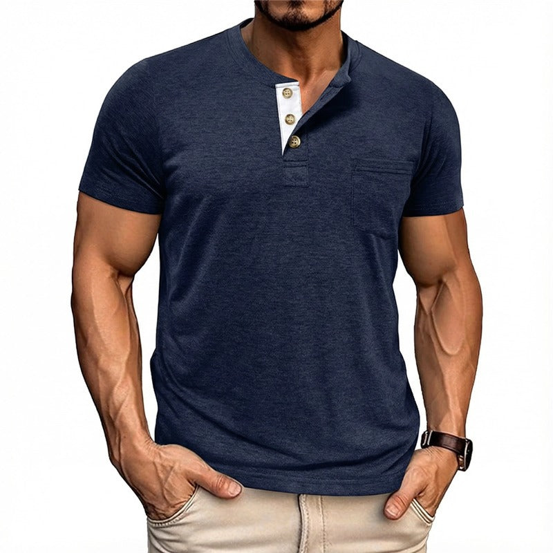 Men's Solid Color Henley Short Sleeve T-shirt