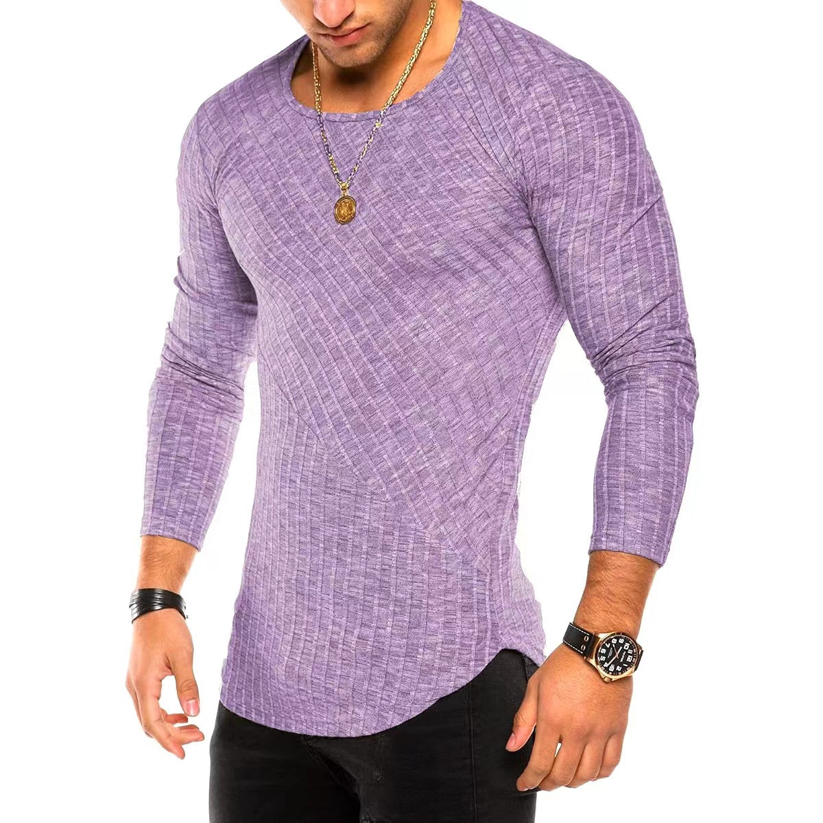 Men's  Long Sleeve Striped Texture Crew Neck  Vintage Casual