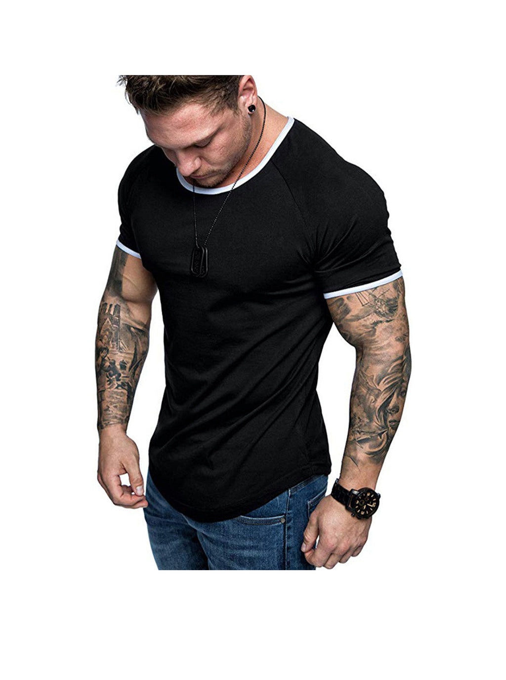 Men's Contrasting Solid Color Crew Neck Raglan Sleeves T-shirt