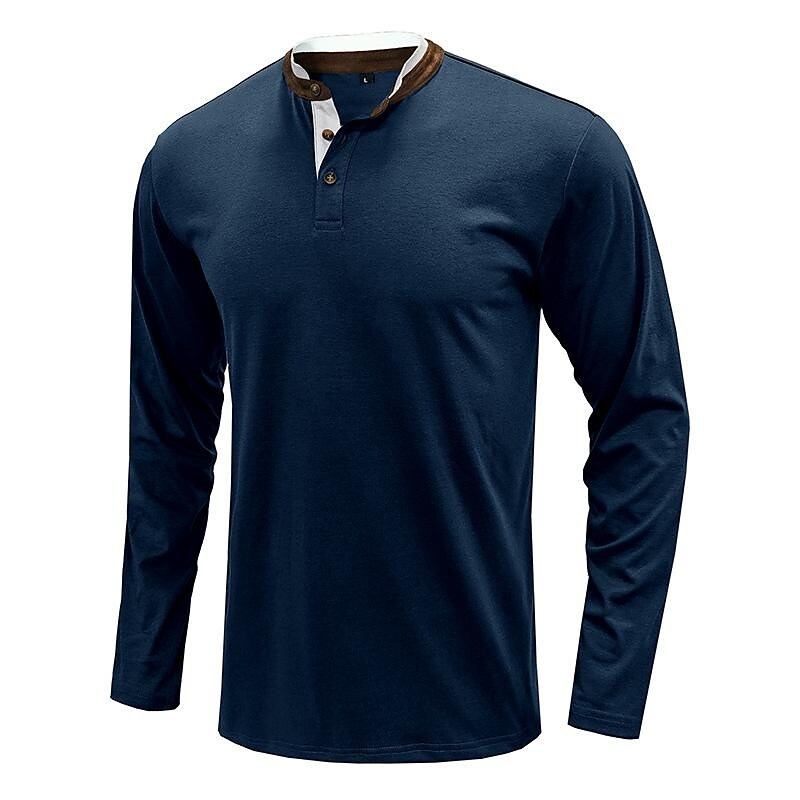 Men's Henley Solid Color Patchwork Long Sleeve T-Shirt