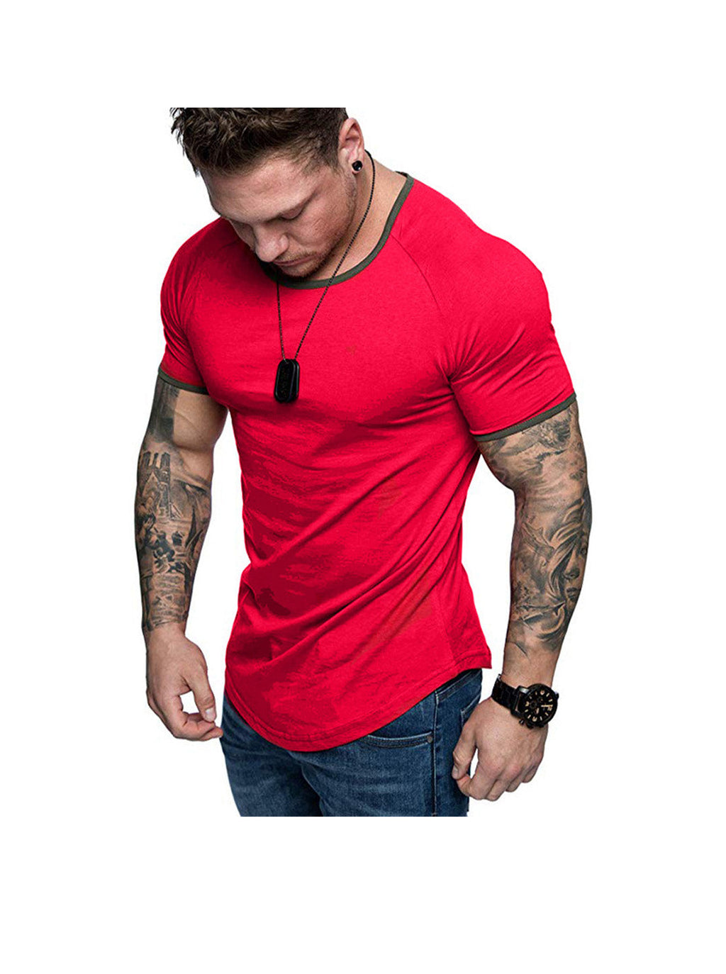Men's Contrasting Solid Color Crew Neck Raglan Sleeves T-shirt