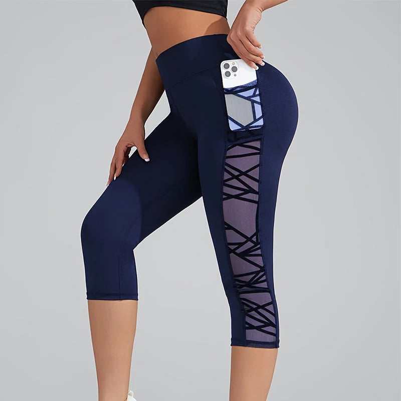 🧘‍♀️ Women's Butt-Lifting Mesh Splicing Yoga Leggings – High Waist Tummy Control | 4-Way Stretch | Side Pockets | Squat-Proof Capri Workout Pants 💨