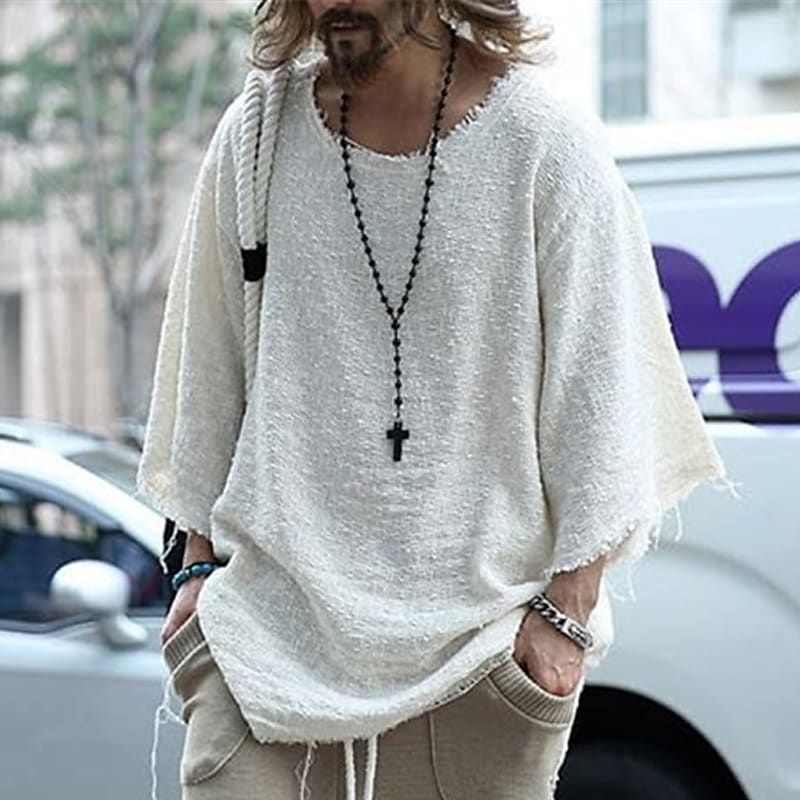 Men's Solid Color Towel Fabric Round Neck Casual Long Sleeve T-shirt