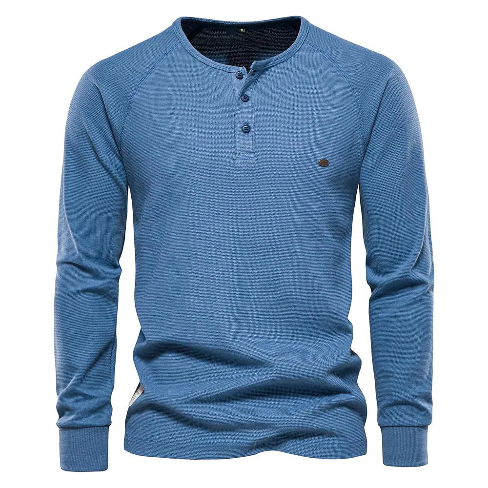 Men's Solid Waffle Raglan Sleeve Henley Collar T-Shirt