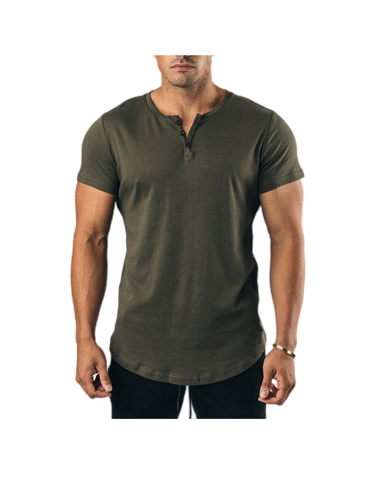 Rolland Solid Color Henley Back Waist Design Short Sleeve T-shirt