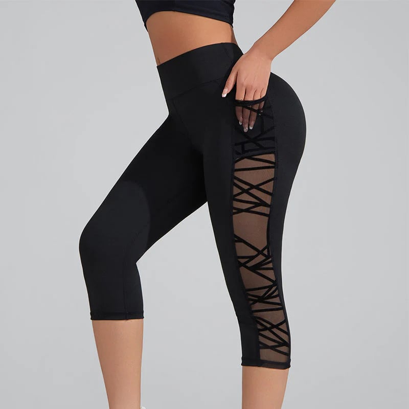 🧘‍♀️ Women's Butt-Lifting Mesh Splicing Yoga Leggings – High Waist Tummy Control | 4-Way Stretch | Side Pockets | Squat-Proof Capri Workout Pants 💨