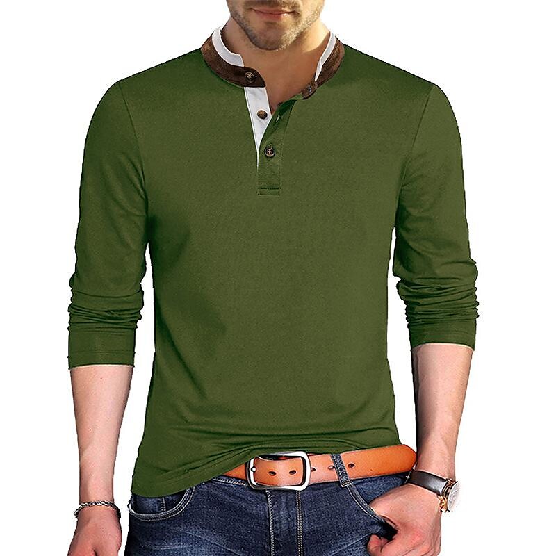 Men's Henley Solid Color Patchwork Long Sleeve T-Shirt
