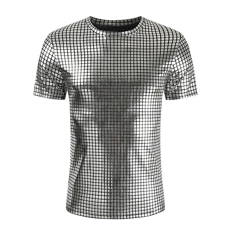 Men's Shiny Casual Plaid Short Sleeve Crew Neck T-Shirt