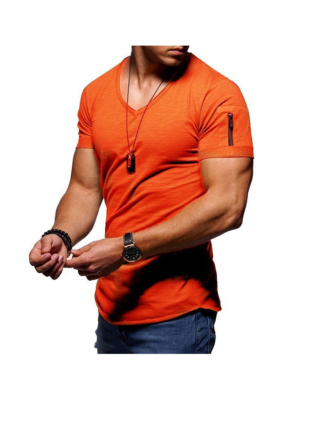 Men's Solid Color V- neck Short Sleeve T-shirt WIth Zippered Sleeve Arms