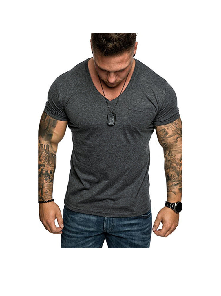 Dennis Solid Color Patch Pocket V-neck T-shirt