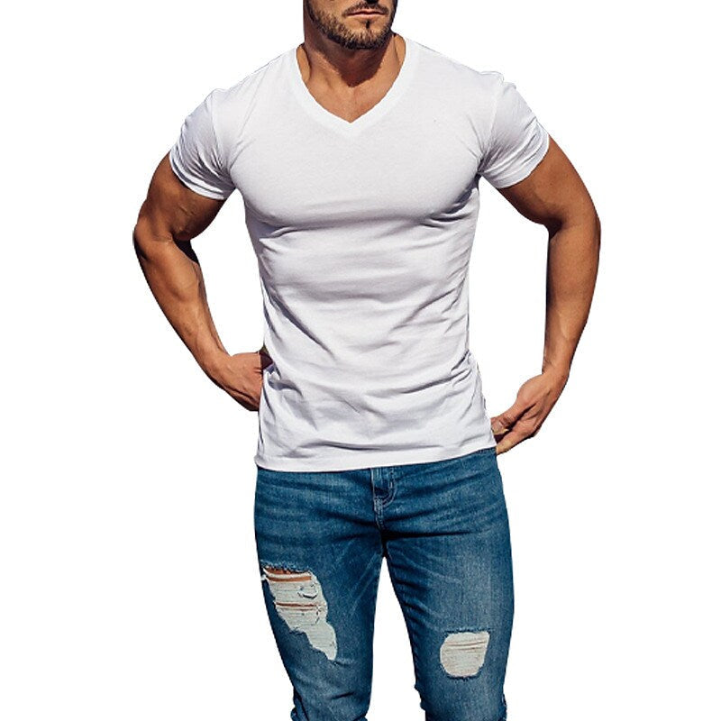 Men's  Solid Color V Neck Street Casual T-shirt