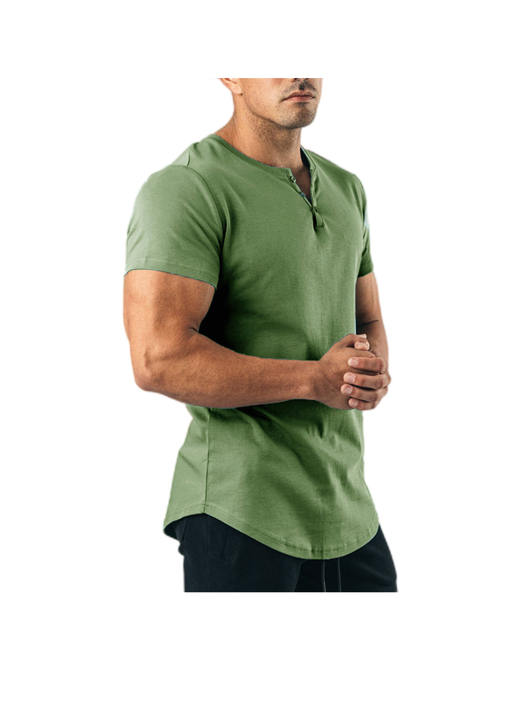 Rolland Solid Color Henley Back Waist Design Short Sleeve T-shirt