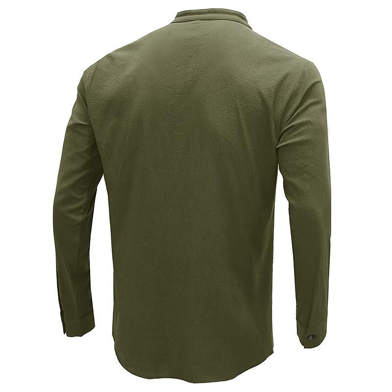 Men's Henley Collar Cotton Linen Long Sleeve Shirt