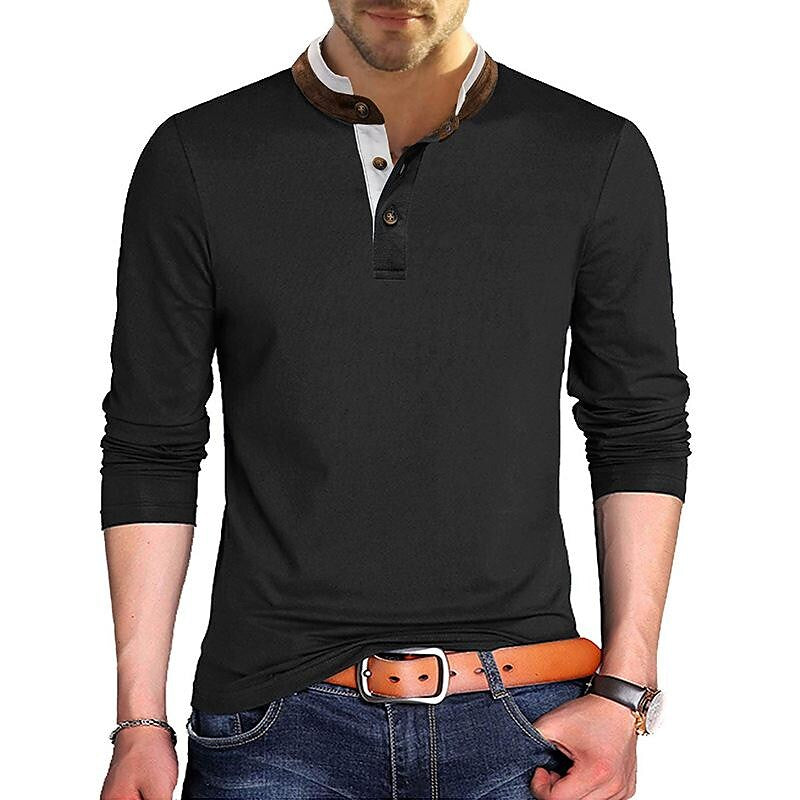 Men's Henley Solid Color Patchwork Long Sleeve T-Shirt
