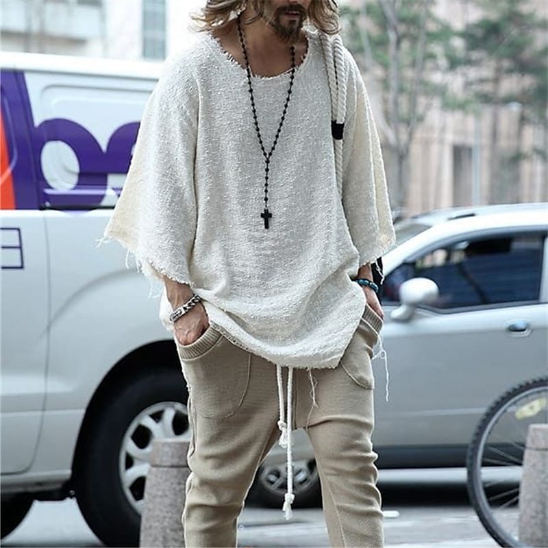 Men's Solid Color Towel Fabric Round Neck Casual Long Sleeve T-shirt