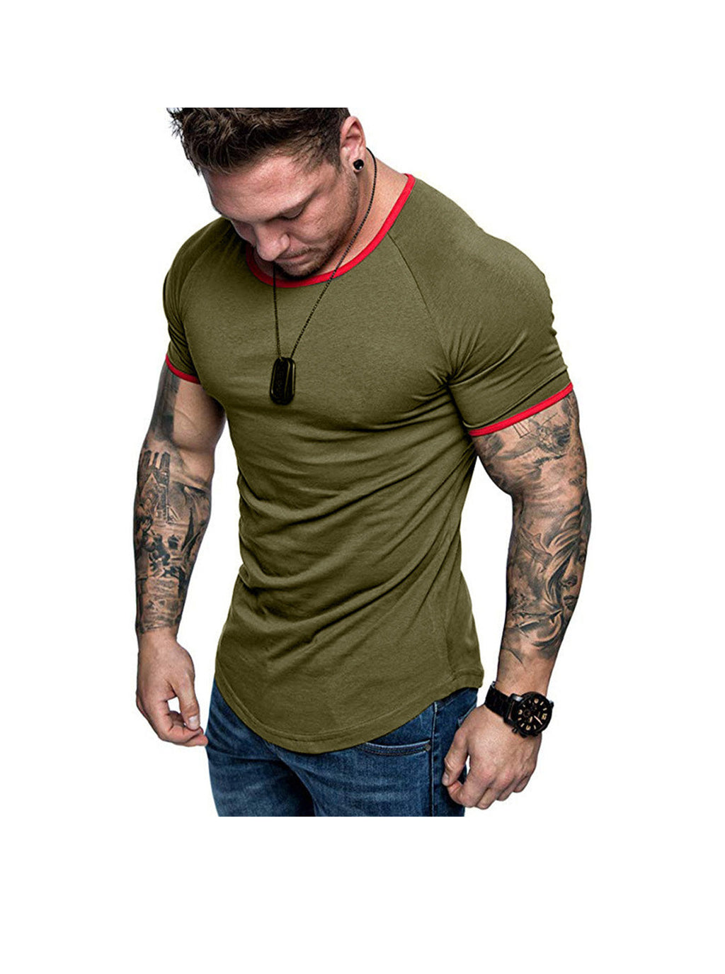 Men's Contrasting Solid Color Crew Neck Raglan Sleeves T-shirt