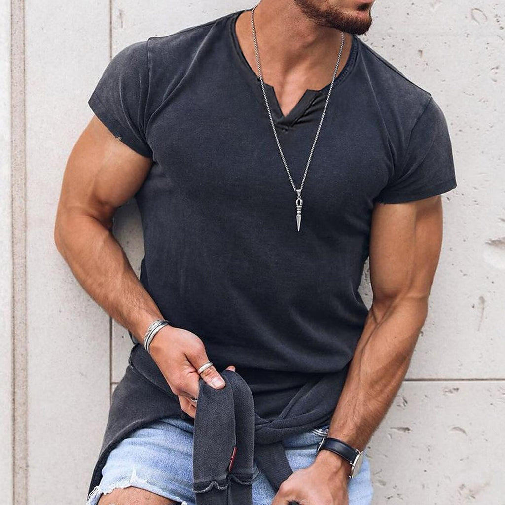 Men's Solid Color Notch Neck?Short Sleeve T-shirt