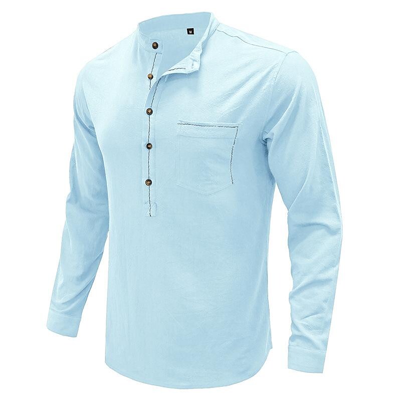 Men's Henley Collar Cotton Linen Long Sleeve Shirt