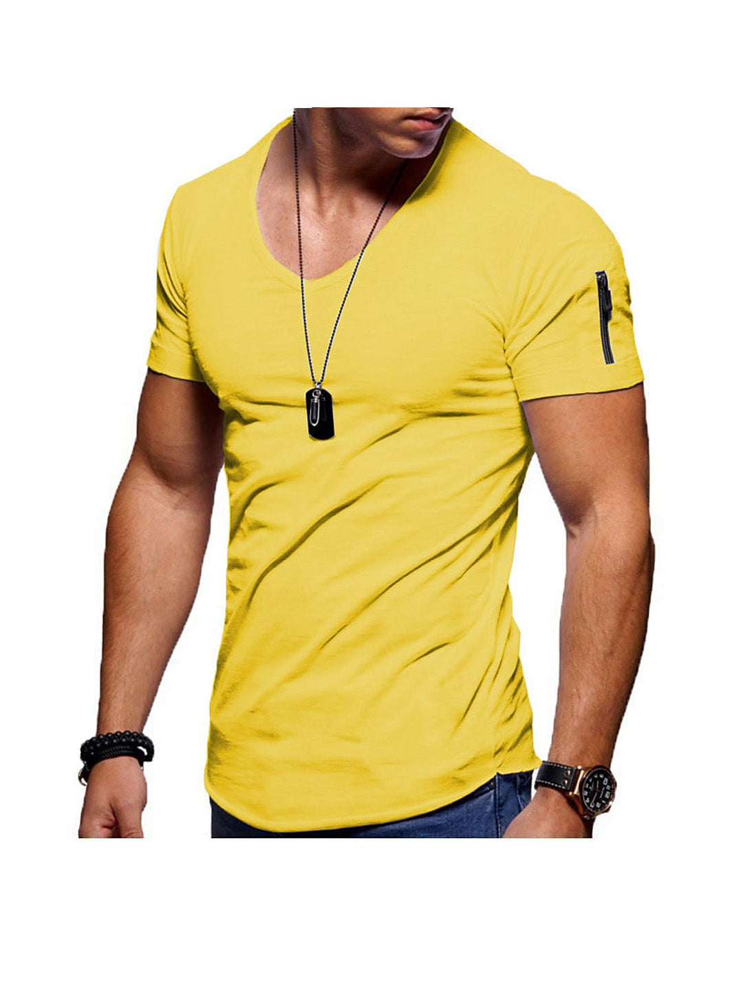 Men's Solid Color V- neck Short Sleeve T-shirt WIth Zippered Sleeve Arms